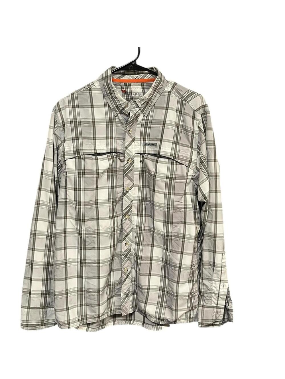 Simms guide series men’s fishing shirt M gray plaid chest pockets long sleeve